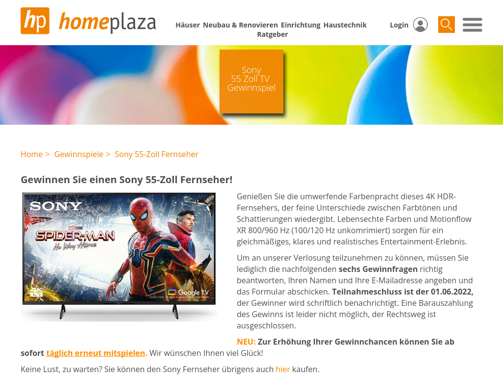homeplaza.de: ein Sony 55-Zoll LED Fernseher wird verlost